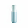A light blue and mint green insulated water bottle with a matching cap and carrying loop, set against a plain white background.