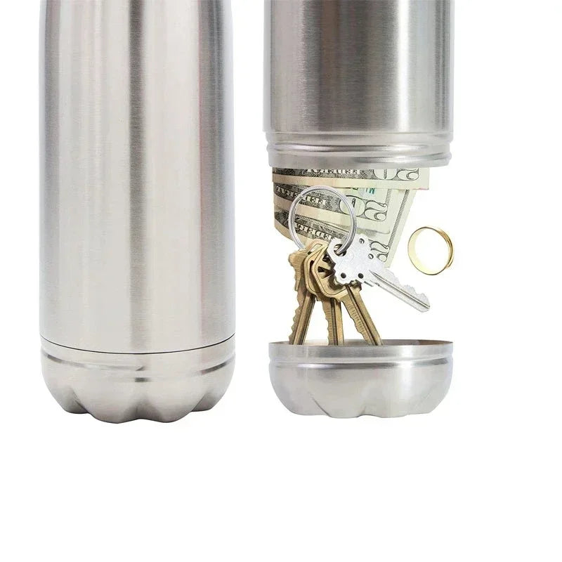 Metallic water bottle with a small compartment holding money, keys, and a card on a white background