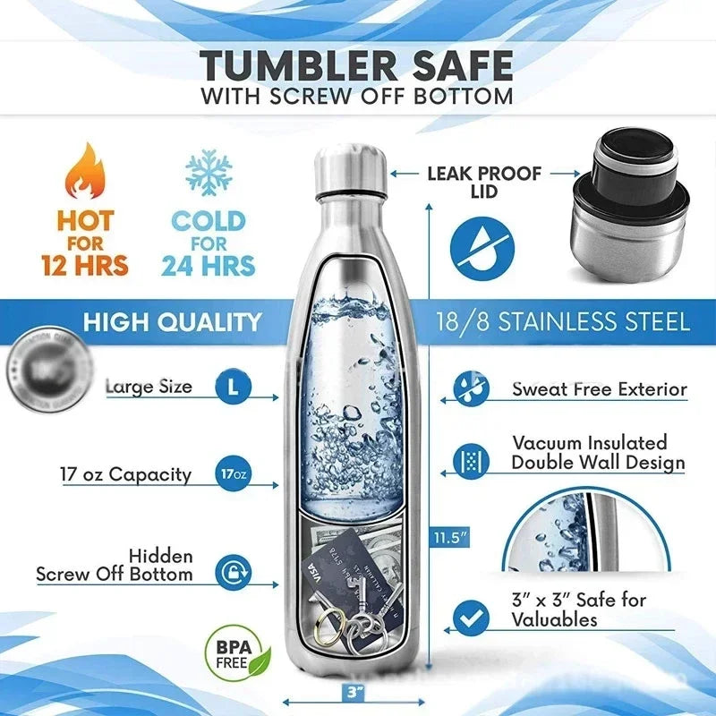 Stainless steel tumbler with features highlighted on a white background