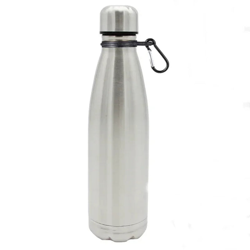 Stainless steel water bottle with carabiner on a white background