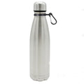 Stainless steel water bottle with carabiner on a white background