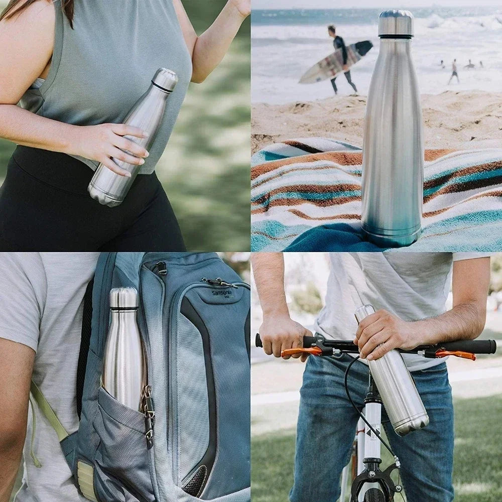 Collage of a silver insulated bottle being used by people in various settings.